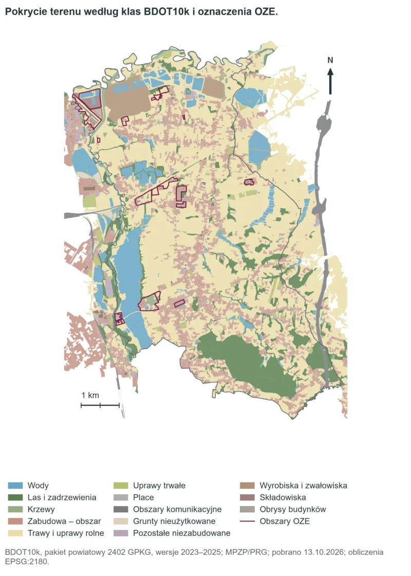 Mapa rozróżnia kolorami wody, lasy, zabudowę, tereny rolne i inne klasy pokrycia terenu, a bordowymi liniami wyróżnia obszary odnawialnych źródeł energii.