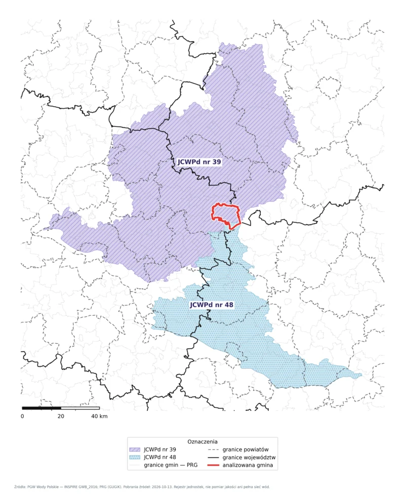 Mapa przedstawia dwie jednostki wód podziemnych zaznaczone fioletowym kreskowaniem i niebieskim kropkowaniem oraz czerwoną granicę analizowanej gminy.