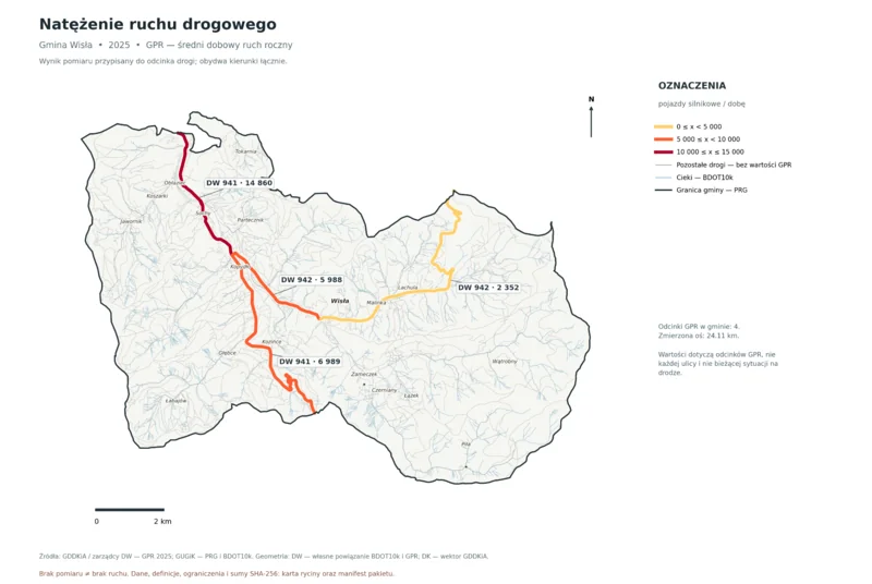 Mapa gminy Wisła wyróżnia cztery odcinki dróg wojewódzkich żółcią, pomarańczem i czerwienią oraz podaje przypisane im wartości średniego dobowego ruchu.