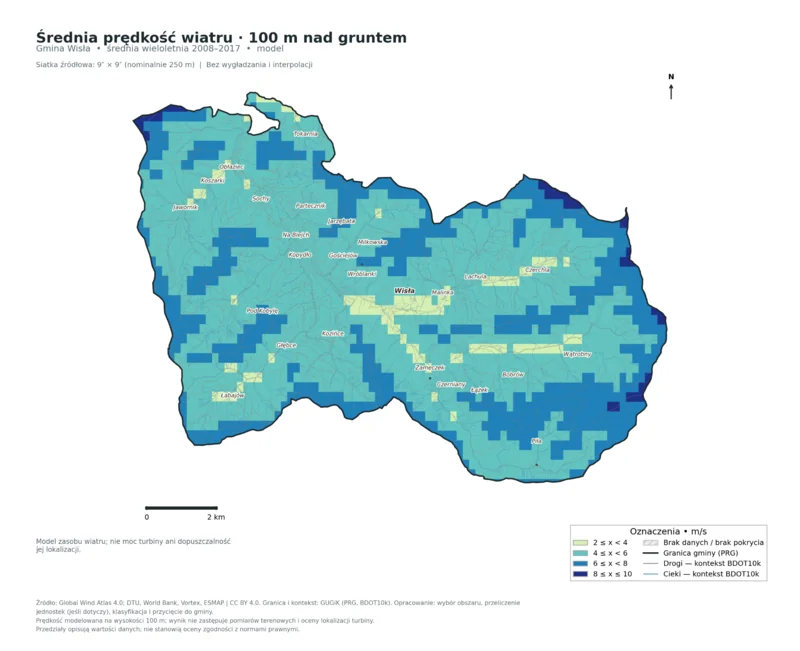 Mapa gminy Wisła przedstawia zróżnicowanie modelowej prędkości wiatru od jasnej zieleni do ciemnego błękitu, z nazwami miejscowości i części miasta.