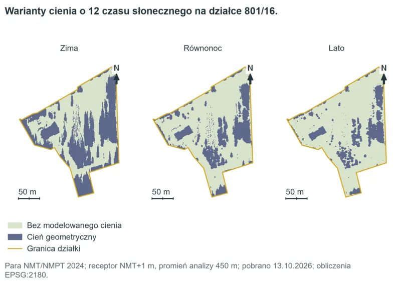 Trzy mapy tej samej działki przedstawiają fioletowe obszary cienia na jasnozielonym tle w wariantach dla zimy, równonocy i lata.