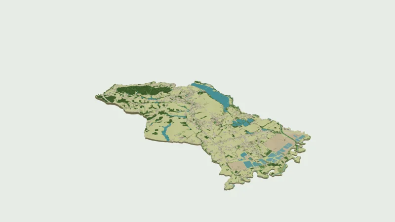 Ukośny widok 3D całego obszaru pokazuje rozmieszczenie zabudowy, terenów rolnych, lasów i zbiorników wodnych.